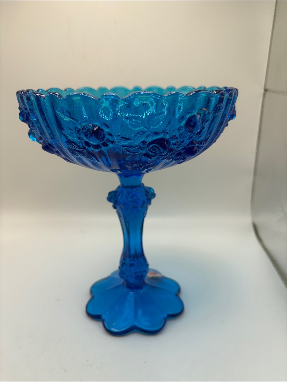 Fenton Vintage Colonial Blue “Cabbage Rose” Pedestal Compote